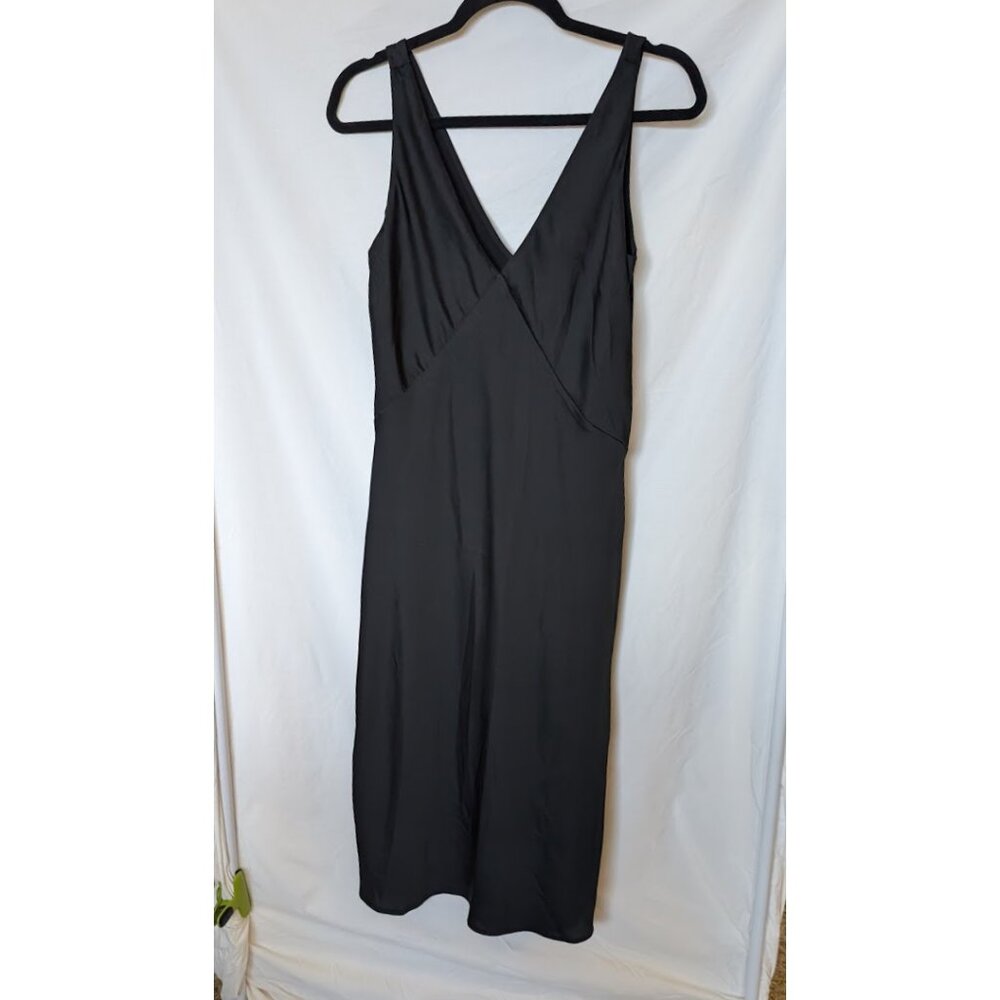 A New Day Slip Dress Black Silky Satin V Neck Size M